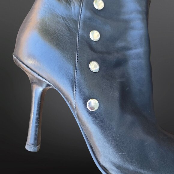 Y2K Aldo Black Leather Boots Pointed Toe Heels Size 37 US 6.5 Snap Buttons - Picture 2 of 10